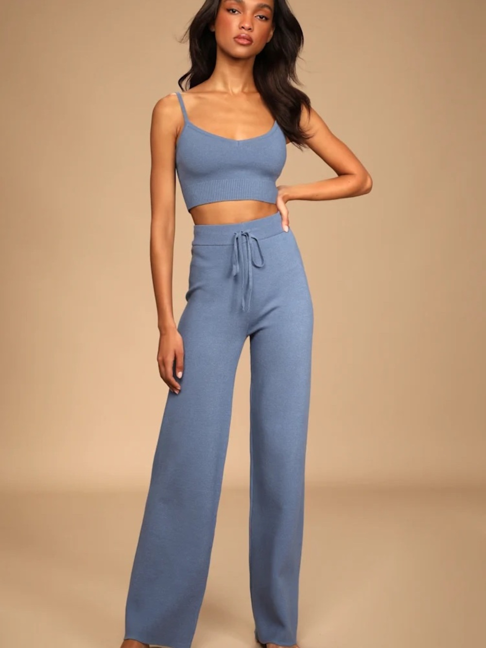 Stay Easy Light Blue Knit High-Waisted Sweater Pants & Tank Set